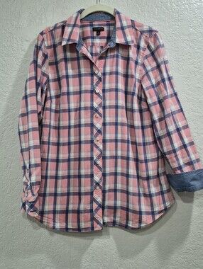 Talbots Pink and Navy Plaid Button-Down Shirt M